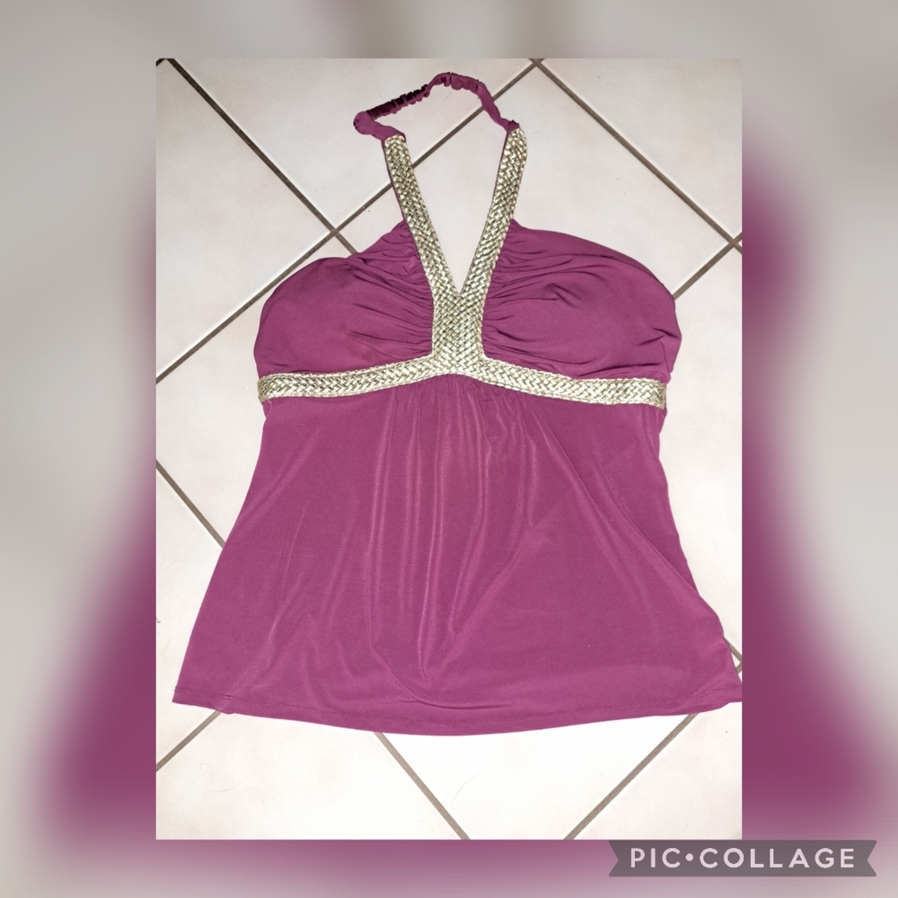 Women's Large Bisou Bisou Halter Top Raspberry/Pink color with Gold Accents